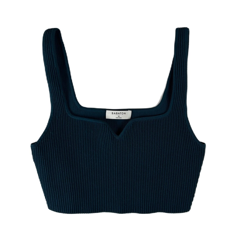 Babaton Sculpt Knit Notch‎ Cropped Tank Top Teal Ribbed Square Neck Size M